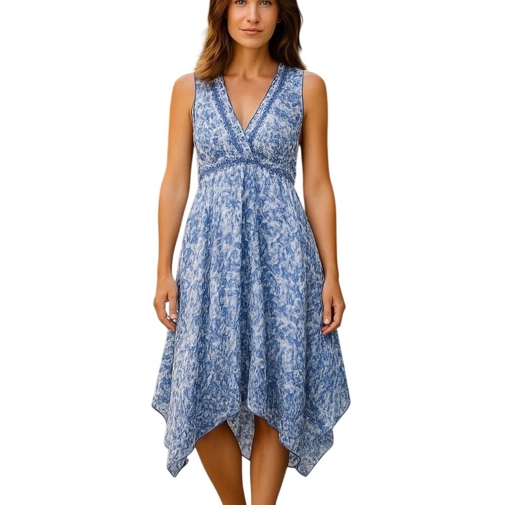Just Taylor Women's Dress Blue White Floral Lace Sleeveless Handkerchief Size 14